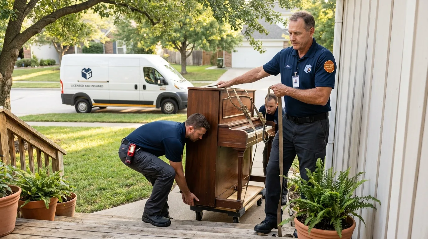 Licensed piano movers securing grand piano in Braidwood, IL